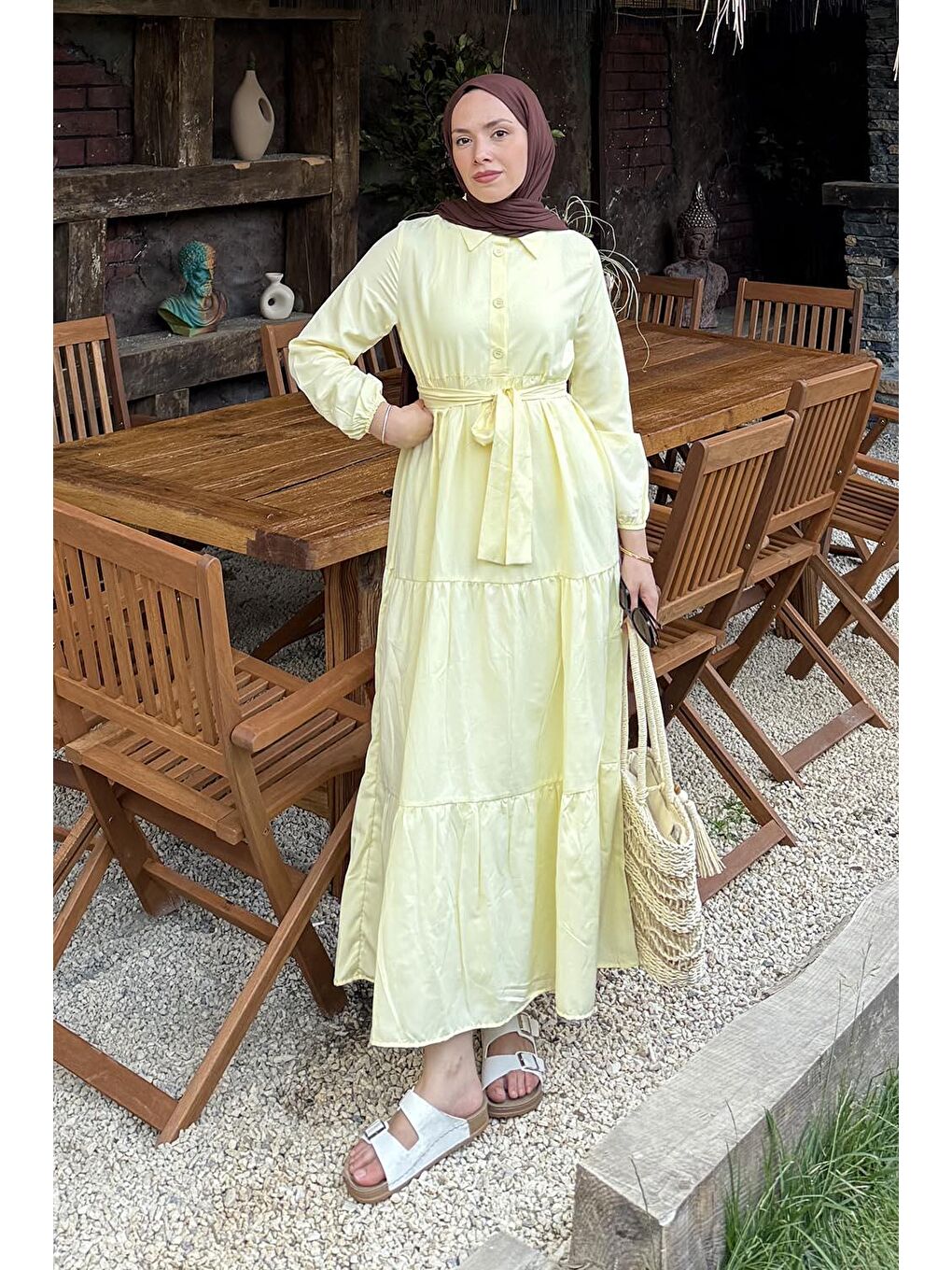 Yarım Düğme Detaylı Terikoton Elbise Sarı