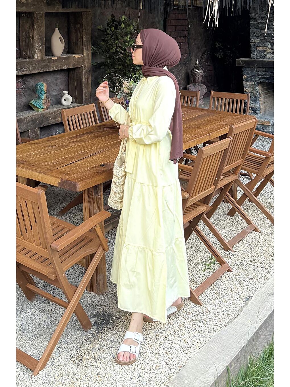 Yarım Düğme Detaylı Terikoton Elbise Sarı-1