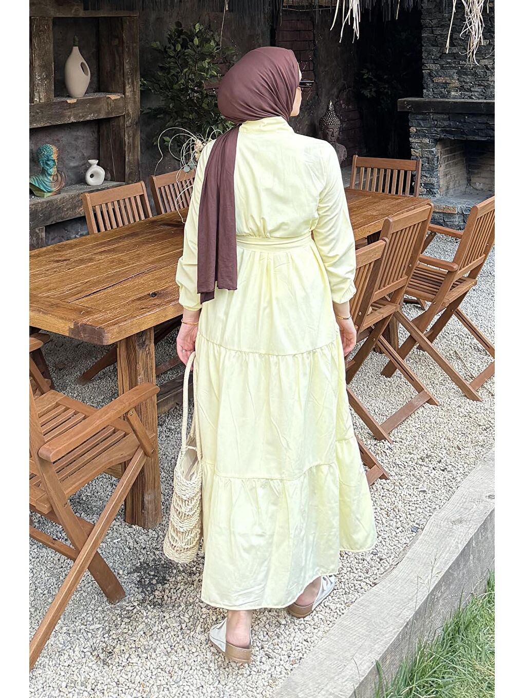 Yarım Düğme Detaylı Terikoton Elbise Sarı-2