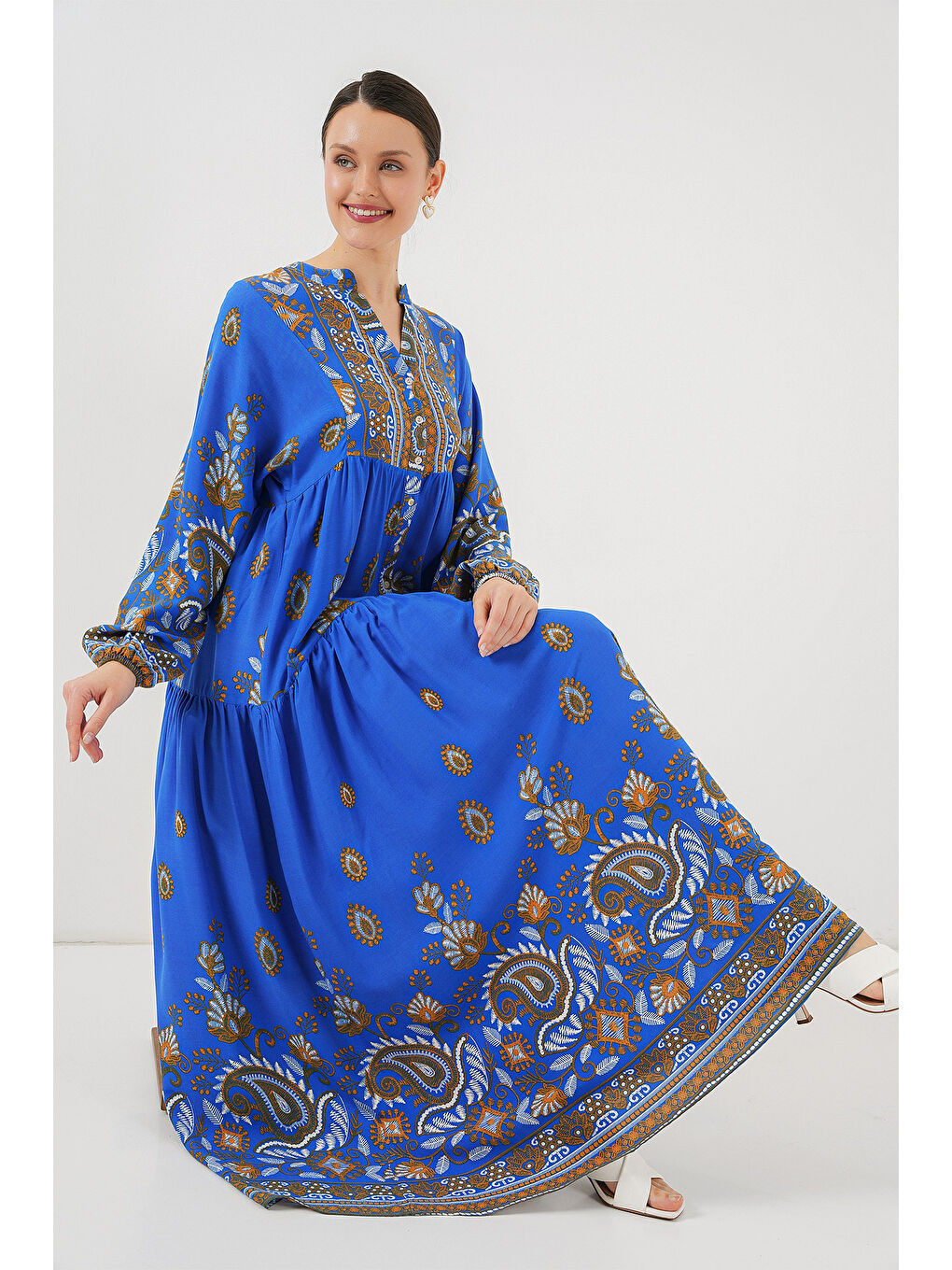 Mavi 2423 Otantik Desenli Tesettür Elbise - Saks 1-1