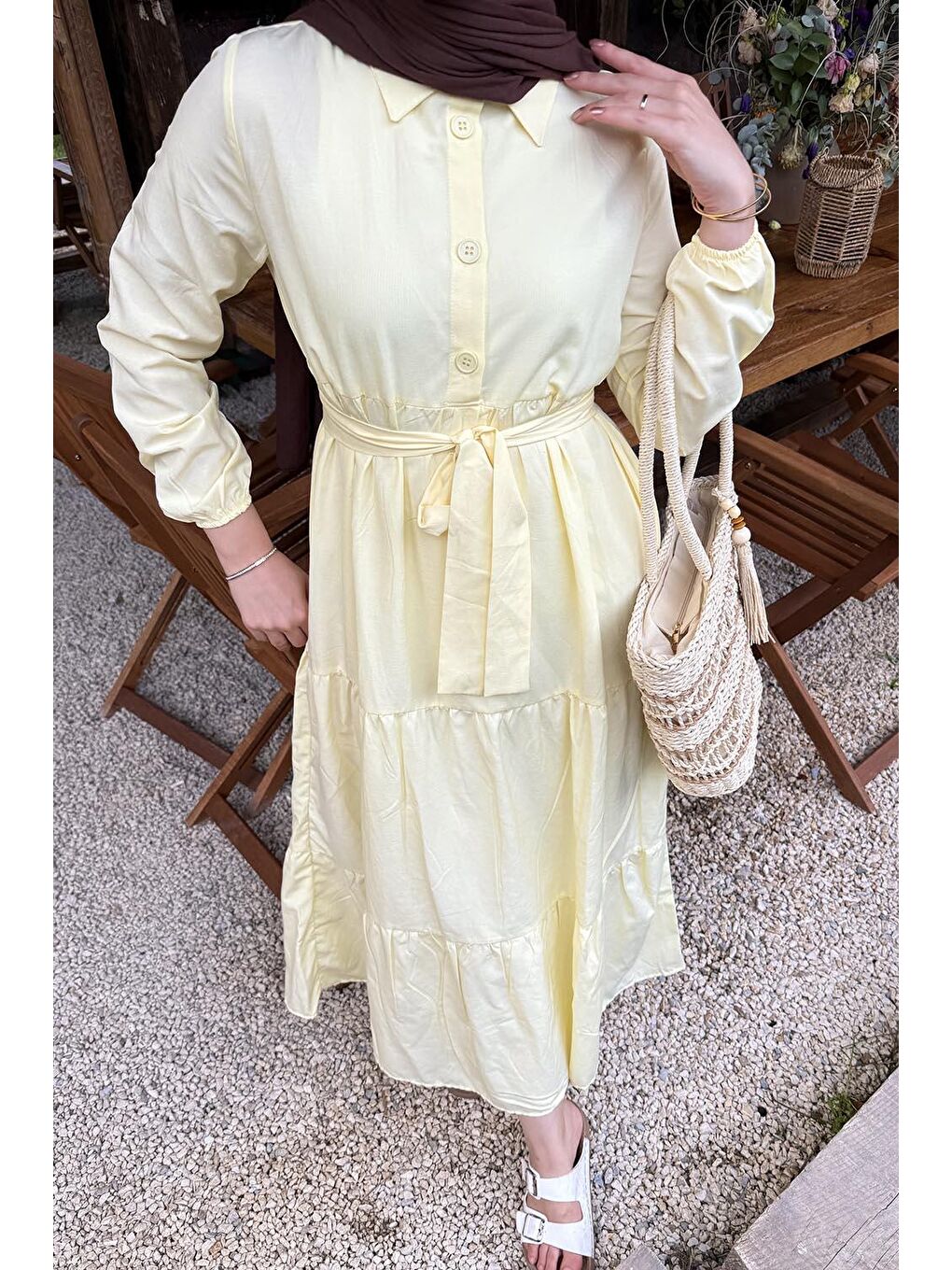 Yarım Düğme Detaylı Terikoton Elbise Sarı-3