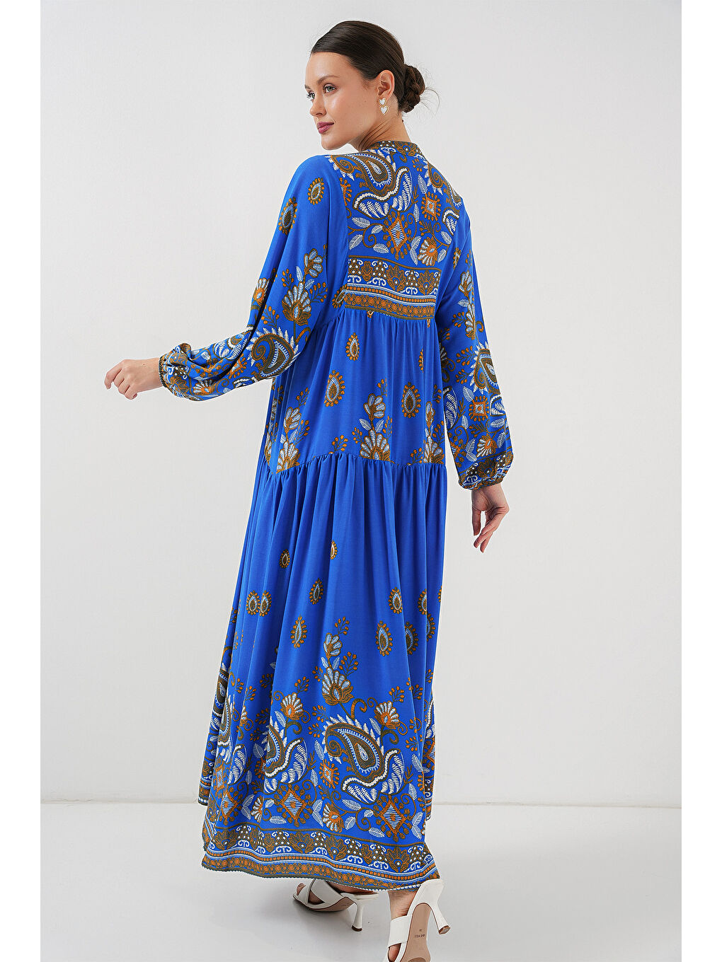 Mavi 2423 Otantik Desenli Tesettür Elbise - Saks 1-4