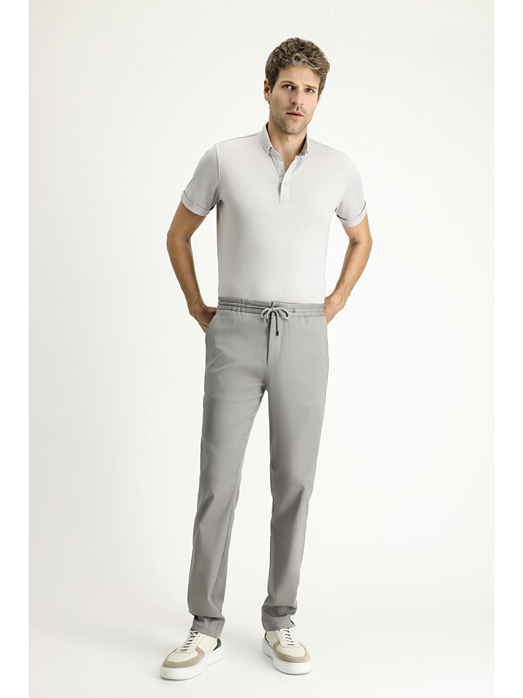 Gri Slim Fit Dar Kesim Beli Lastikli İpli Elastanlı Pantolon
