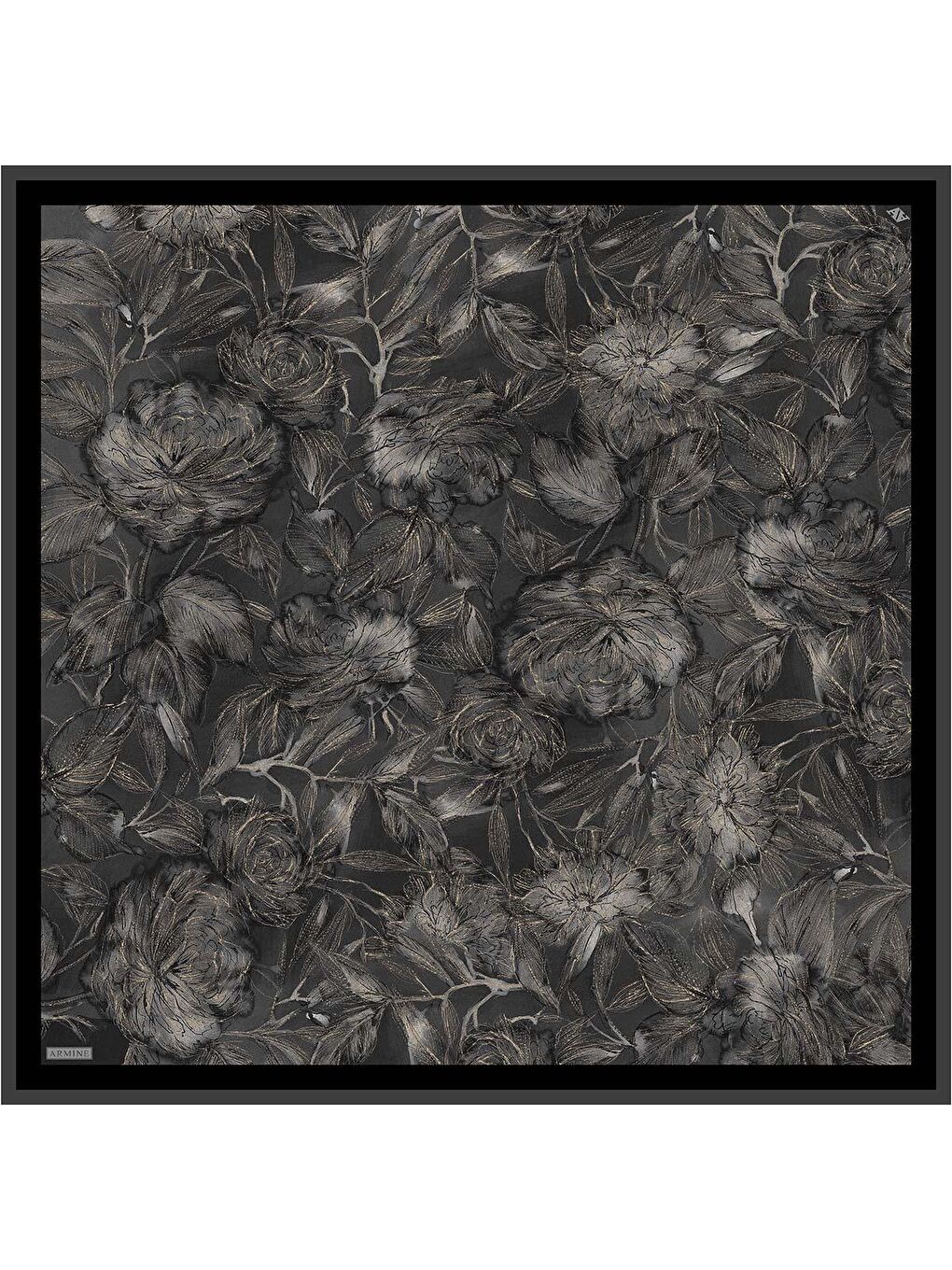 Siyah Çiçek Desenli Saf İpek Twill Eşarp 9409D 85-3