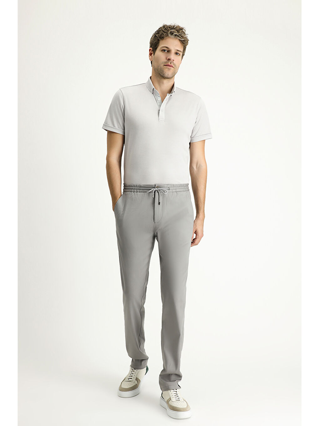 Gri Slim Fit Dar Kesim Beli Lastikli İpli Elastanlı Pantolon-1