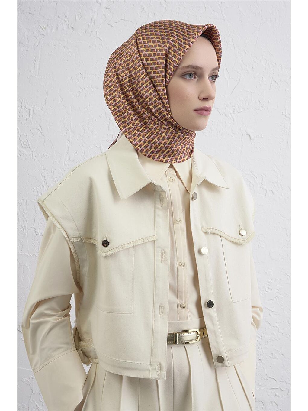 Turuncu Geometrik Desenli Saf İpek Twill Eşarp 9417D 05