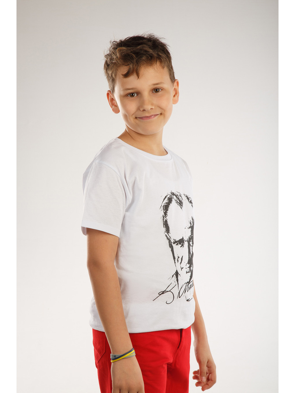 Beyaz Kids Bisiklet Yaka Atatürk Baskılı Kısa Kollu Erkek Çocuk Tişört-4