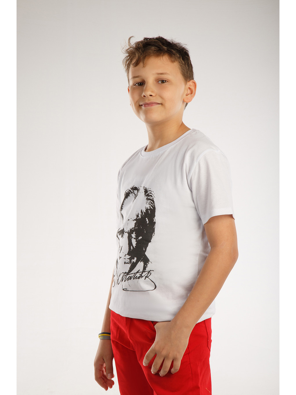 Beyaz Kids Bisiklet Yaka Atatürk Baskılı Kısa Kollu Erkek Çocuk Tişört-5