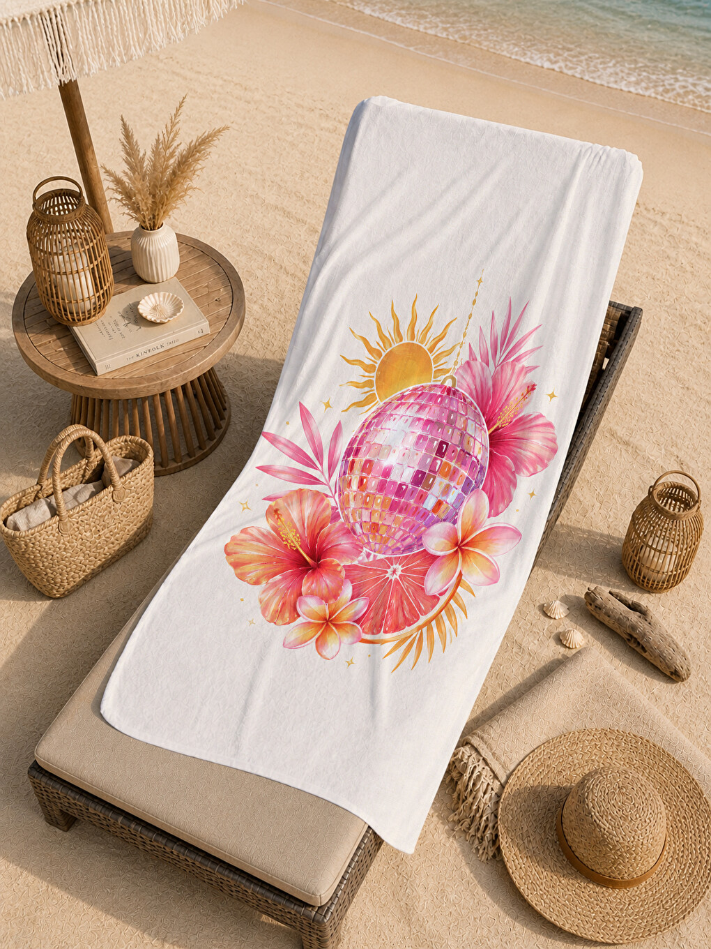 Sarı Pastel Narenciye Güneş Ve Tropikal Çiçek Desenli 70x150 Plaj Havlusu - Pamuklu Banyo Havlusu-3