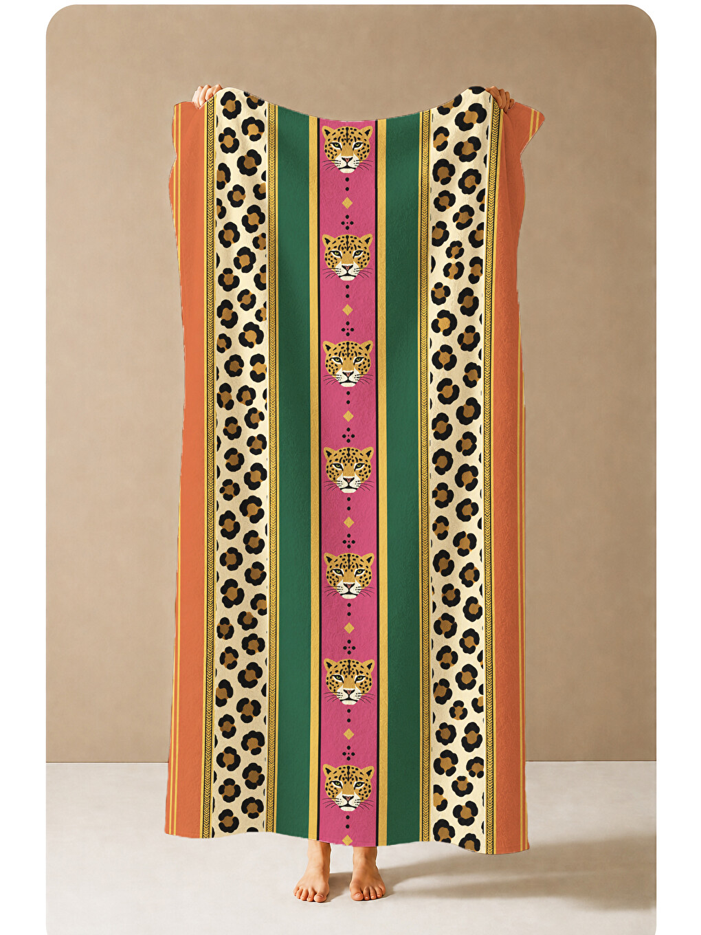 Safari Yeşil Pembe Leopar Bordür Desenli 70x150 Plaj Havlusu - Dijital Baskılı Solmaz Banyo Havlusu-1