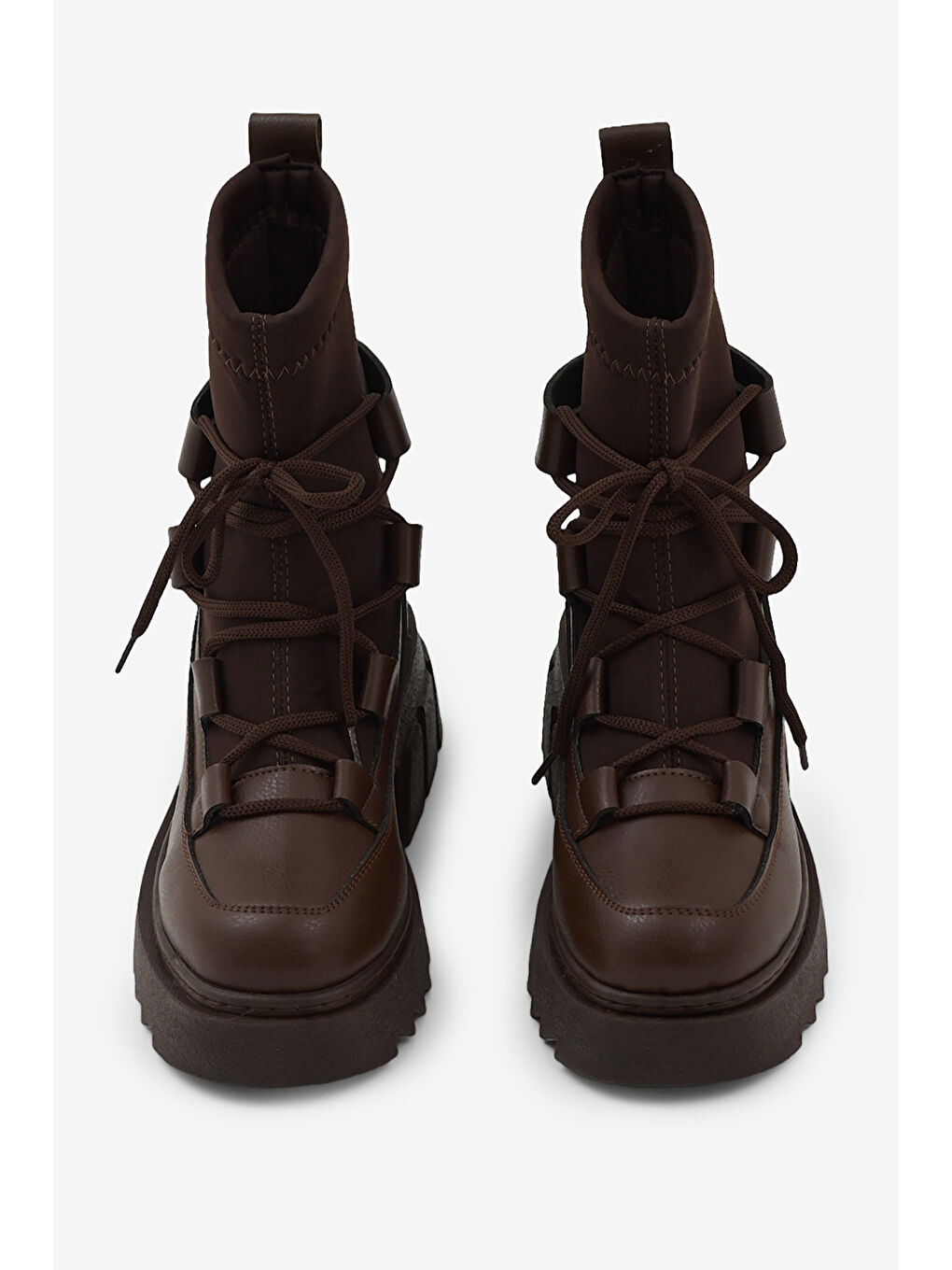 Kahverengi Kadın Kahve Kalın Platform Poli Taban Streç Bağcıklı Bot-2