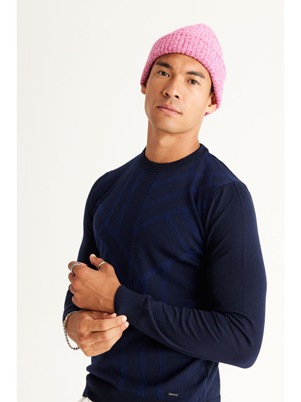 Erkek Lacivert Standart Fit Normal Kesim Bisiklet Yaka Jakarlı Yünlü Triko Kazak-1