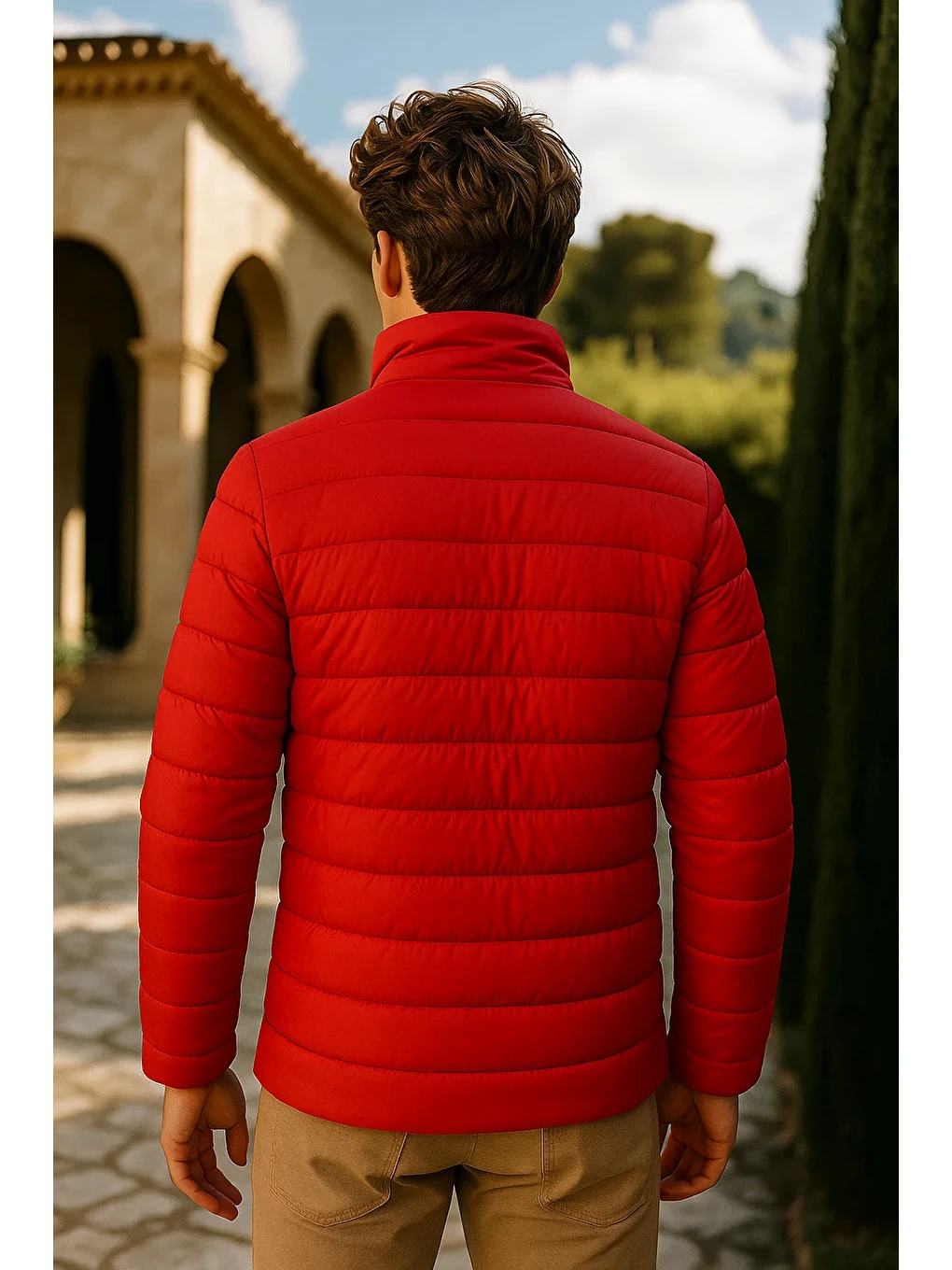 Erkek Comfort Dik Yaka Günlük Kışlık Kırmızı Şişme Mont-4