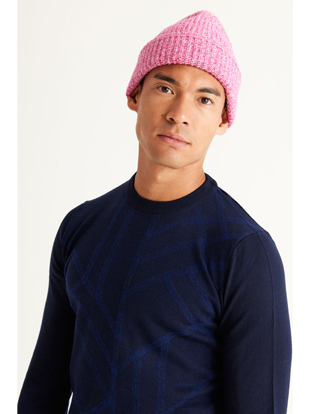 Erkek Lacivert Standart Fit Normal Kesim Bisiklet Yaka Jakarlı Yünlü Triko Kazak-2