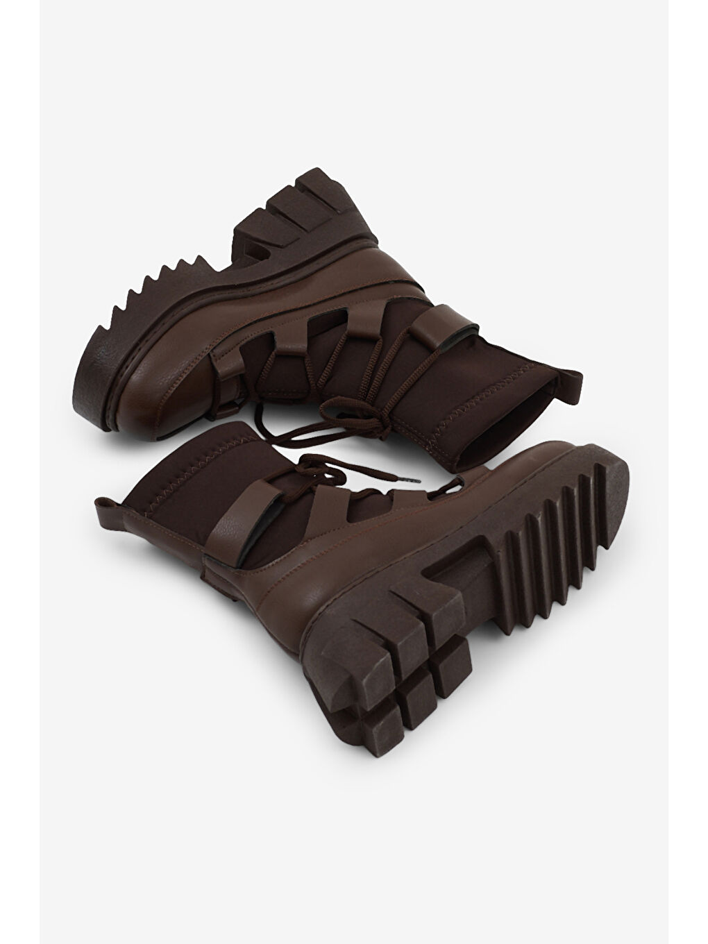 Kahverengi Kadın Kahve Kalın Platform Poli Taban Streç Bağcıklı Bot-4