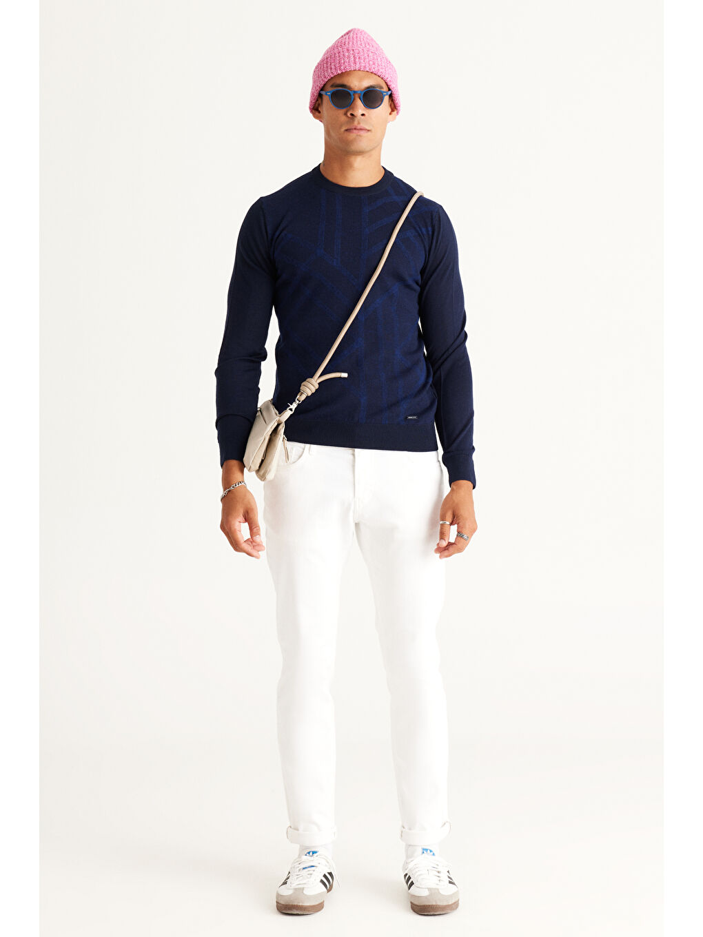 Erkek Lacivert Standart Fit Normal Kesim Bisiklet Yaka Jakarlı Yünlü Triko Kazak-3