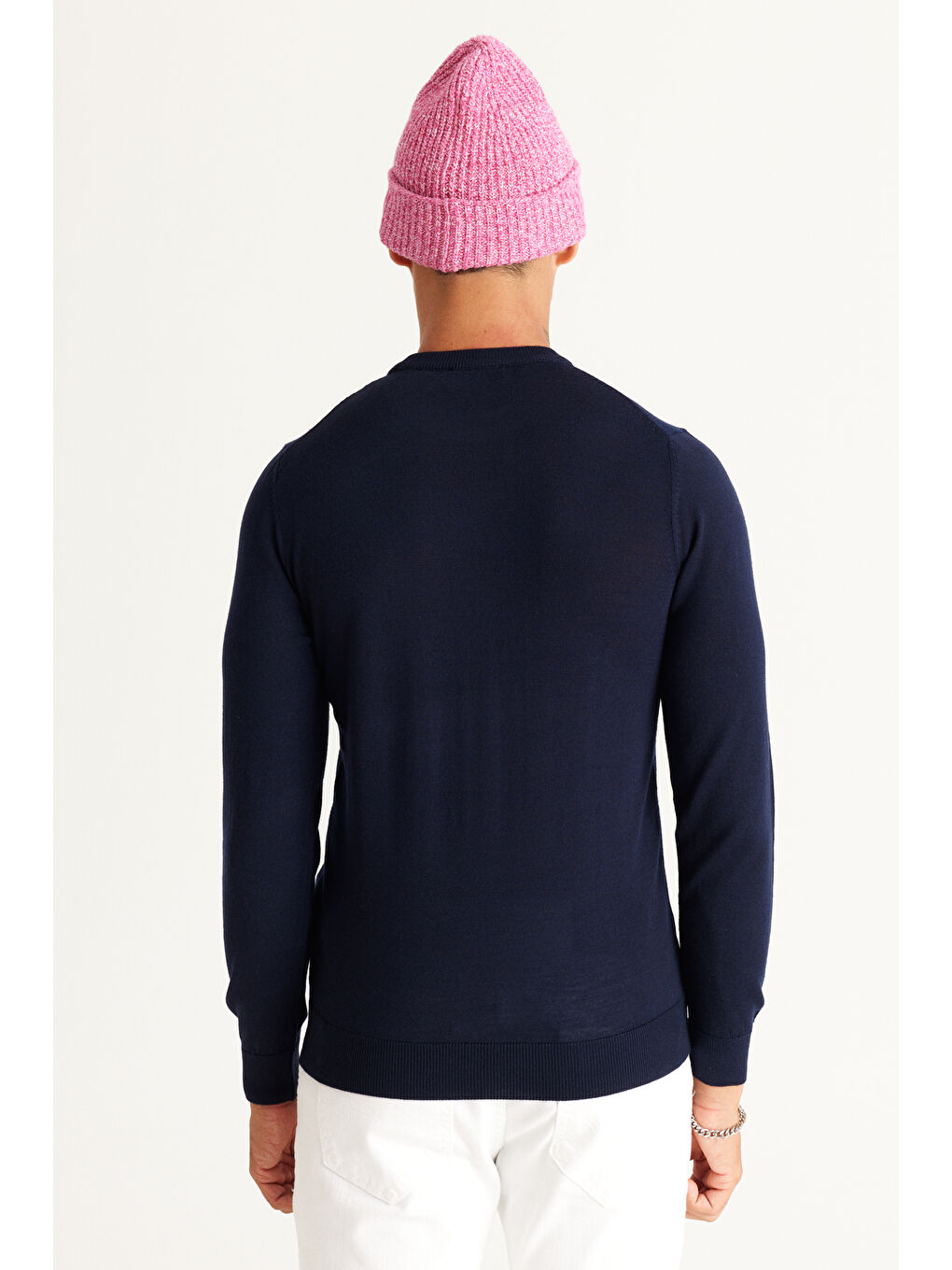 Erkek Lacivert Standart Fit Normal Kesim Bisiklet Yaka Jakarlı Yünlü Triko Kazak-4