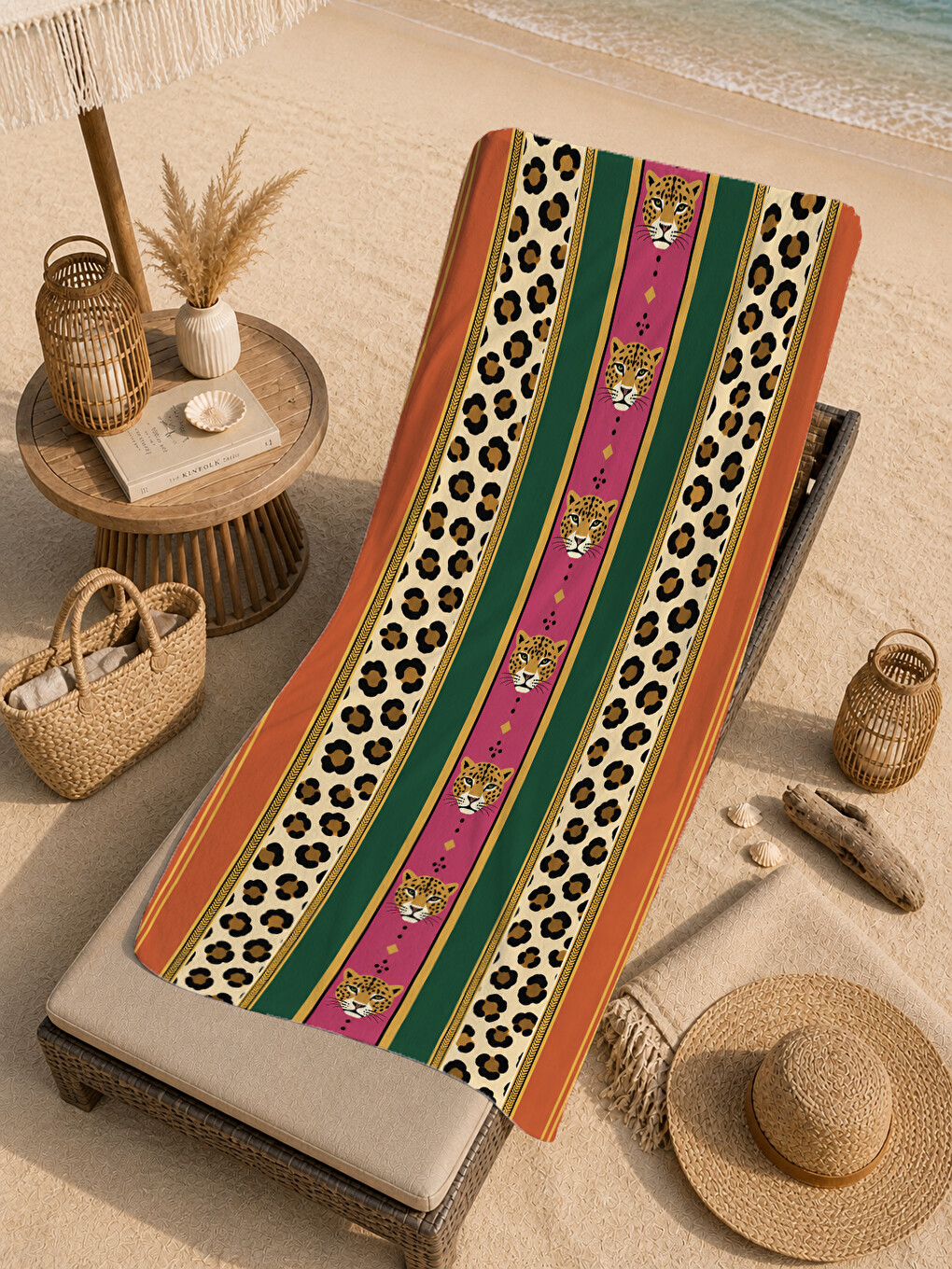 Safari Yeşil Pembe Leopar Bordür Desenli 70x150 Plaj Havlusu - Dijital Baskılı Solmaz Banyo Havlusu-3