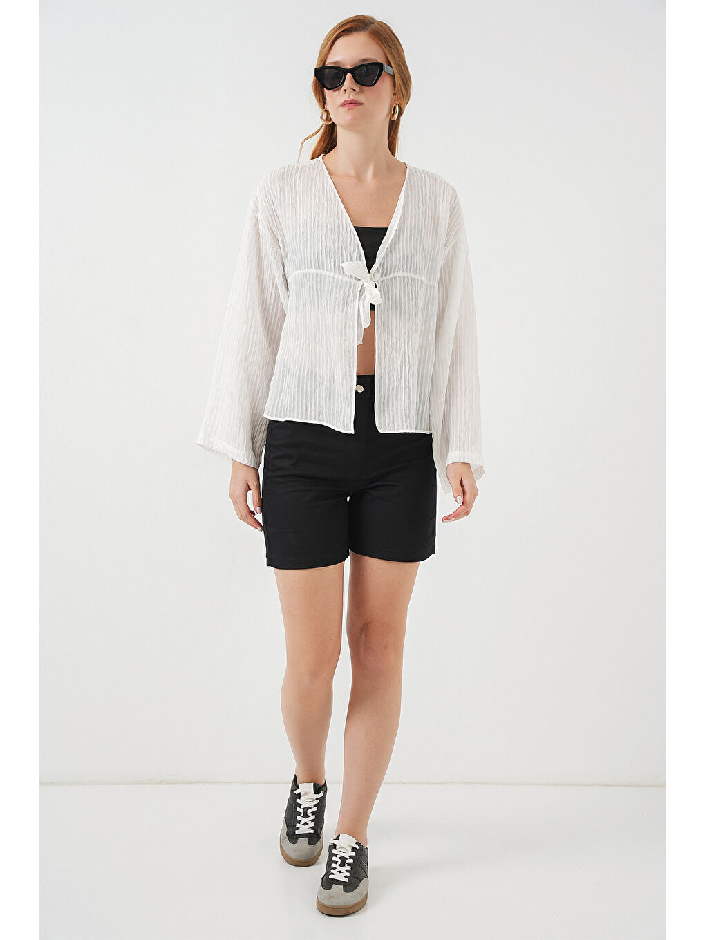 Kadın Önü Bağcıklı Bluz 952 - Beyaz-1