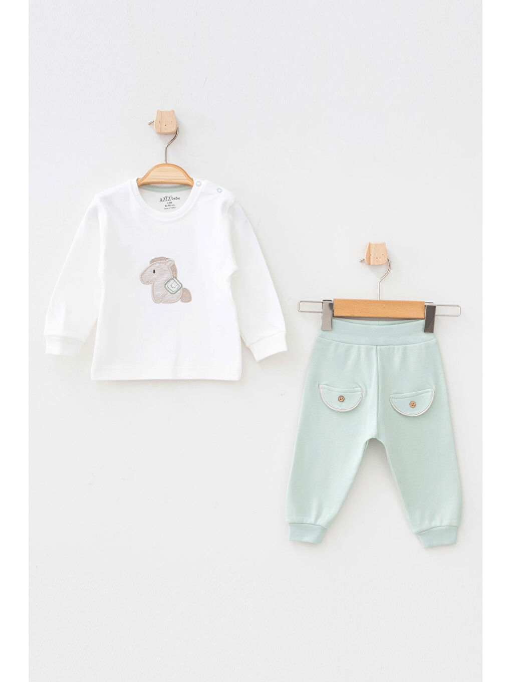 AZİZ BEBE Yeşil Erkek Bebek At Nakışlı Sweatshirt Pantolon T-shirt 3 'lü Alt Üst Bebek Takımı 3 Ay - 36 Ay