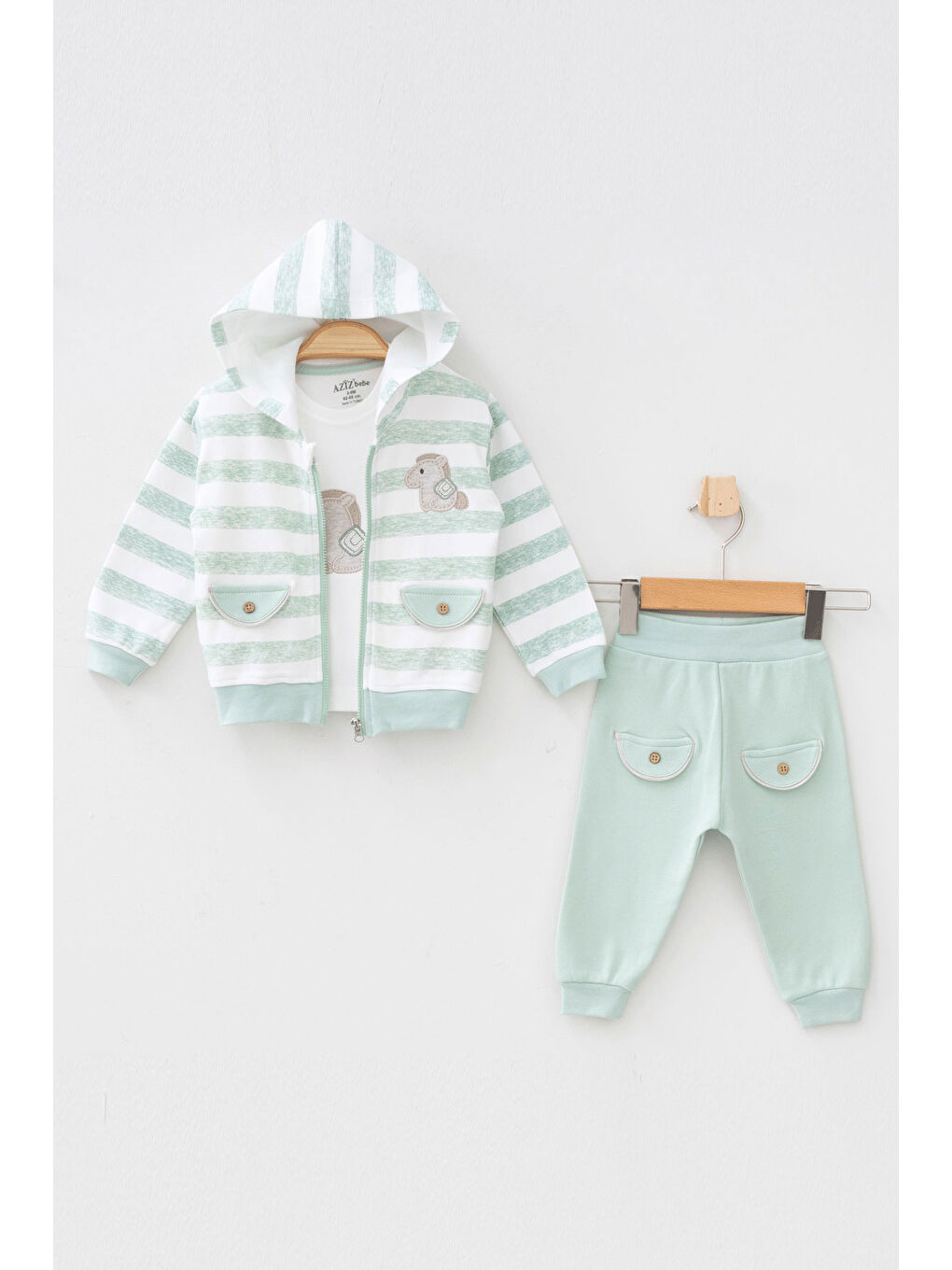 AZİZ BEBE Yeşil Erkek Bebek At Nakışlı Sweatshirt Pantolon T-shirt 3 'lü Alt Üst Bebek Takımı 3 Ay - 36 Ay - 1