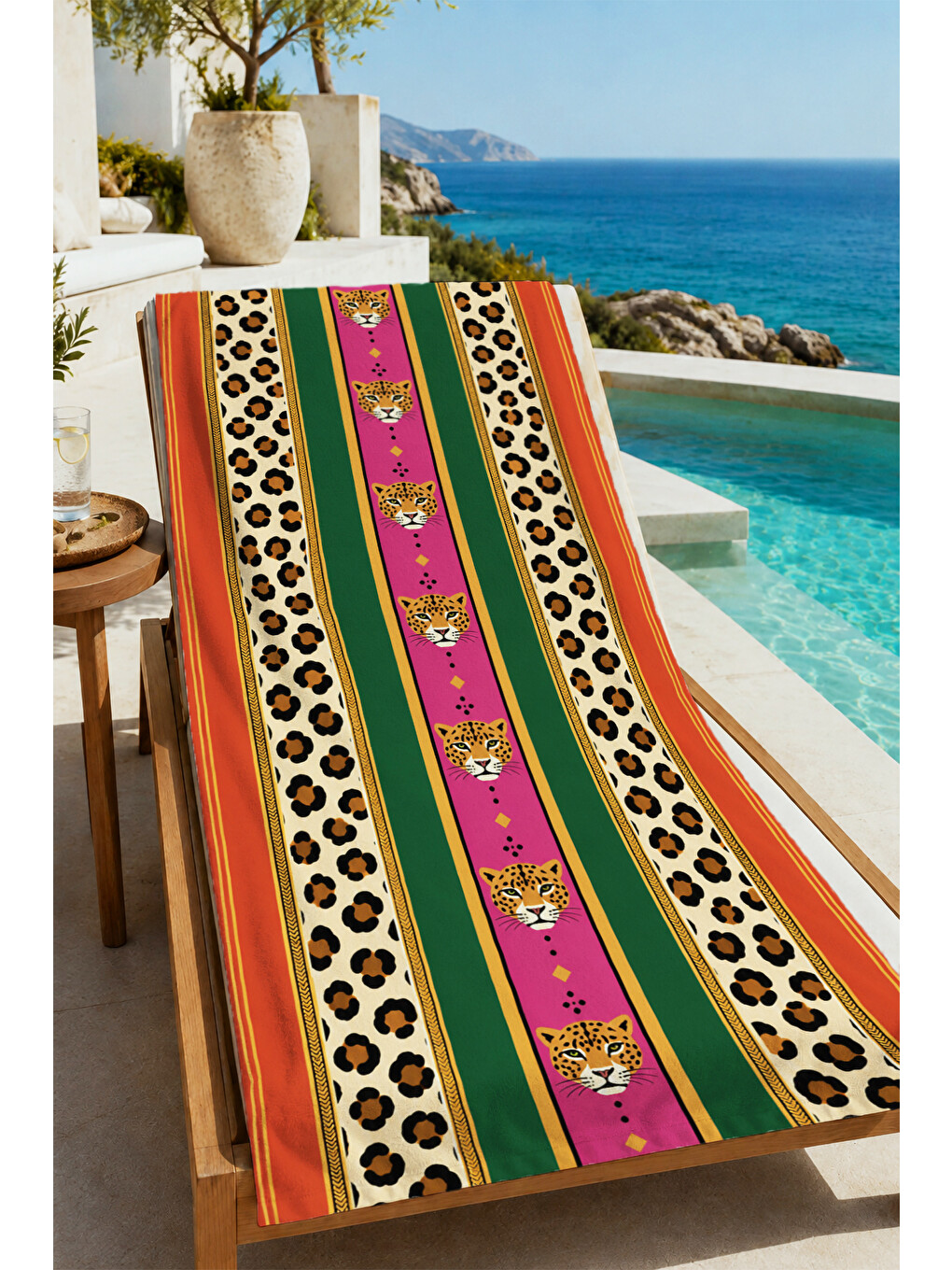 Safari Yeşil Pembe Leopar Bordür Desenli 70x150 Plaj Havlusu - Dijital Baskılı Solmaz Banyo Havlusu-4