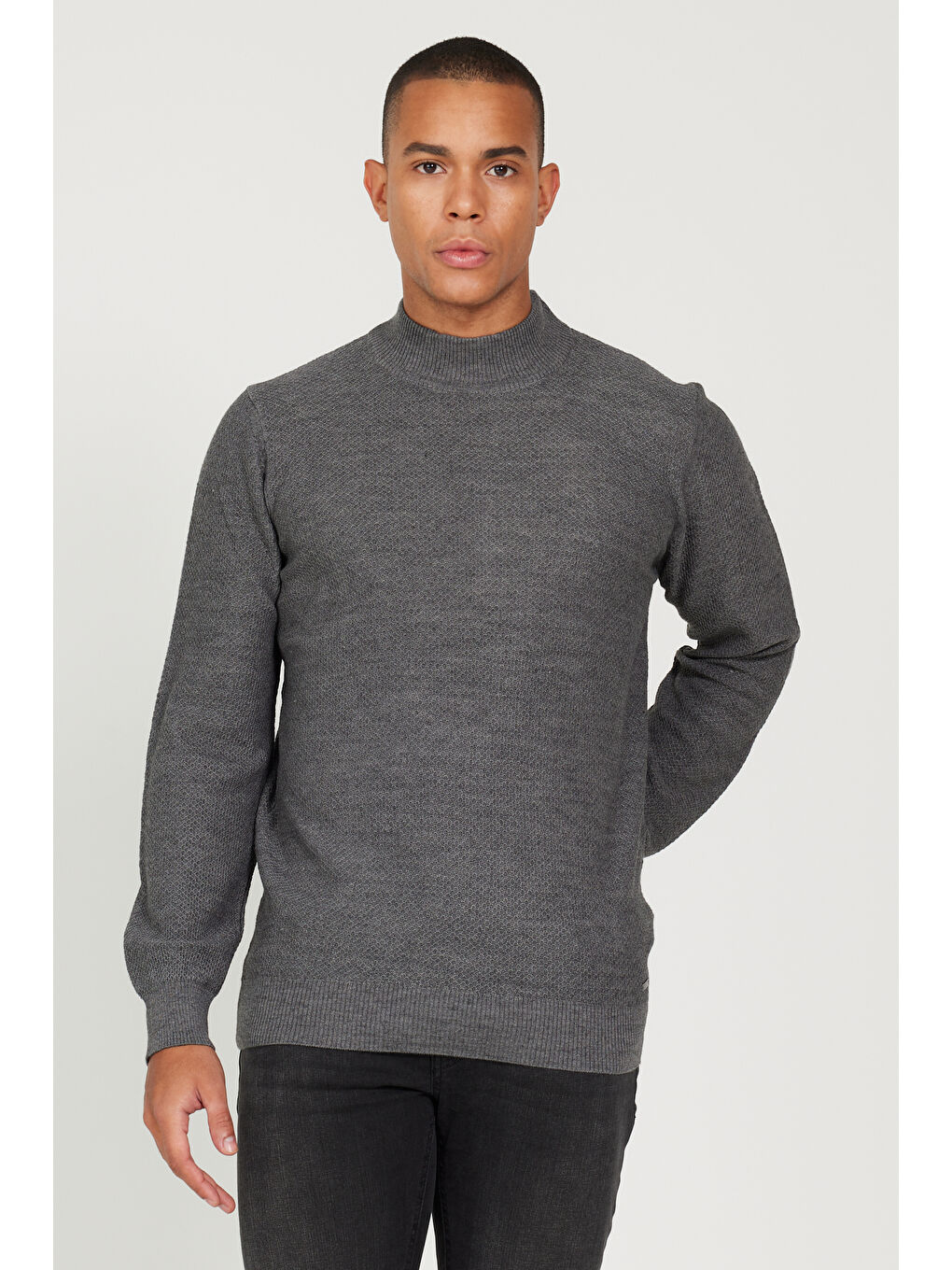 Erkek Gri Standart Fit Normal Kesim Yarım Balıkçı Yaka Jakarlı Triko Kazak-3