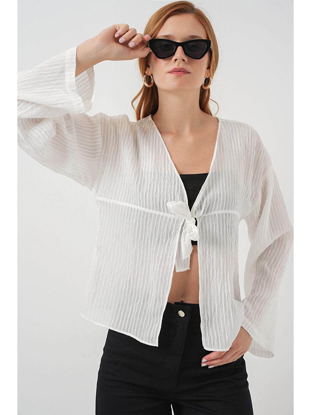 Kadın Önü Bağcıklı Bluz 952 - Beyaz-3