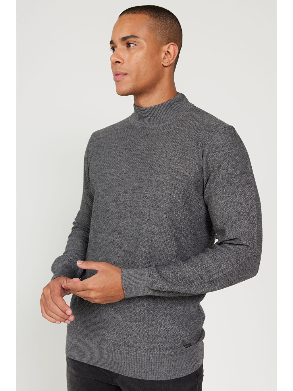 Erkek Gri Standart Fit Normal Kesim Yarım Balıkçı Yaka Jakarlı Triko Kazak-4