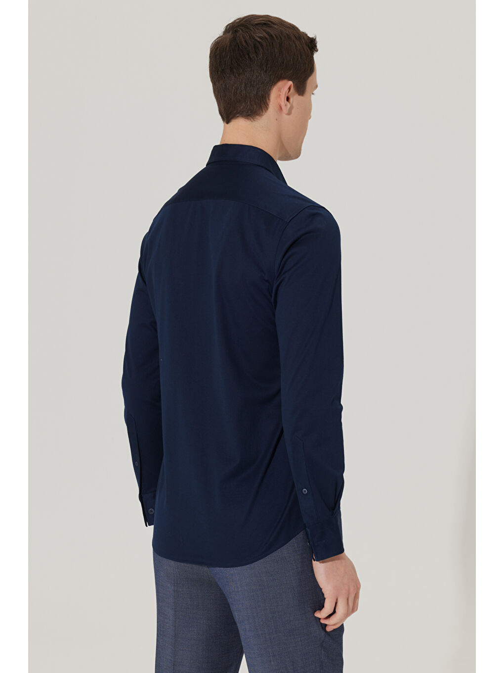 Erkek Lacivert Slim Fit Dar Kesim Gizli Düğme Yaka %100 Pamuk Gömlek-6