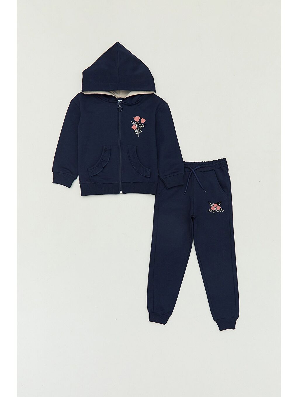 Lacivert Lale Baskılı Kapüşonlu Jogger Kız Çocuk Takım