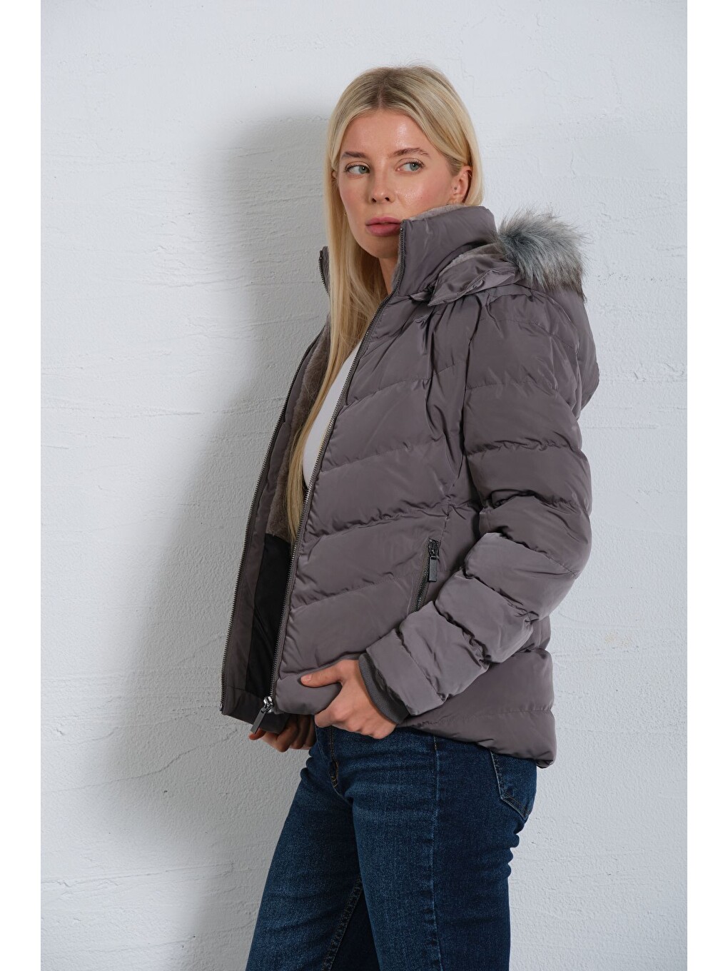 Gri Çıkabilir Suni Kürklü Kapüşon, Su İticili Kumaş, Kadın Anorak Mikro Mont @avele-1