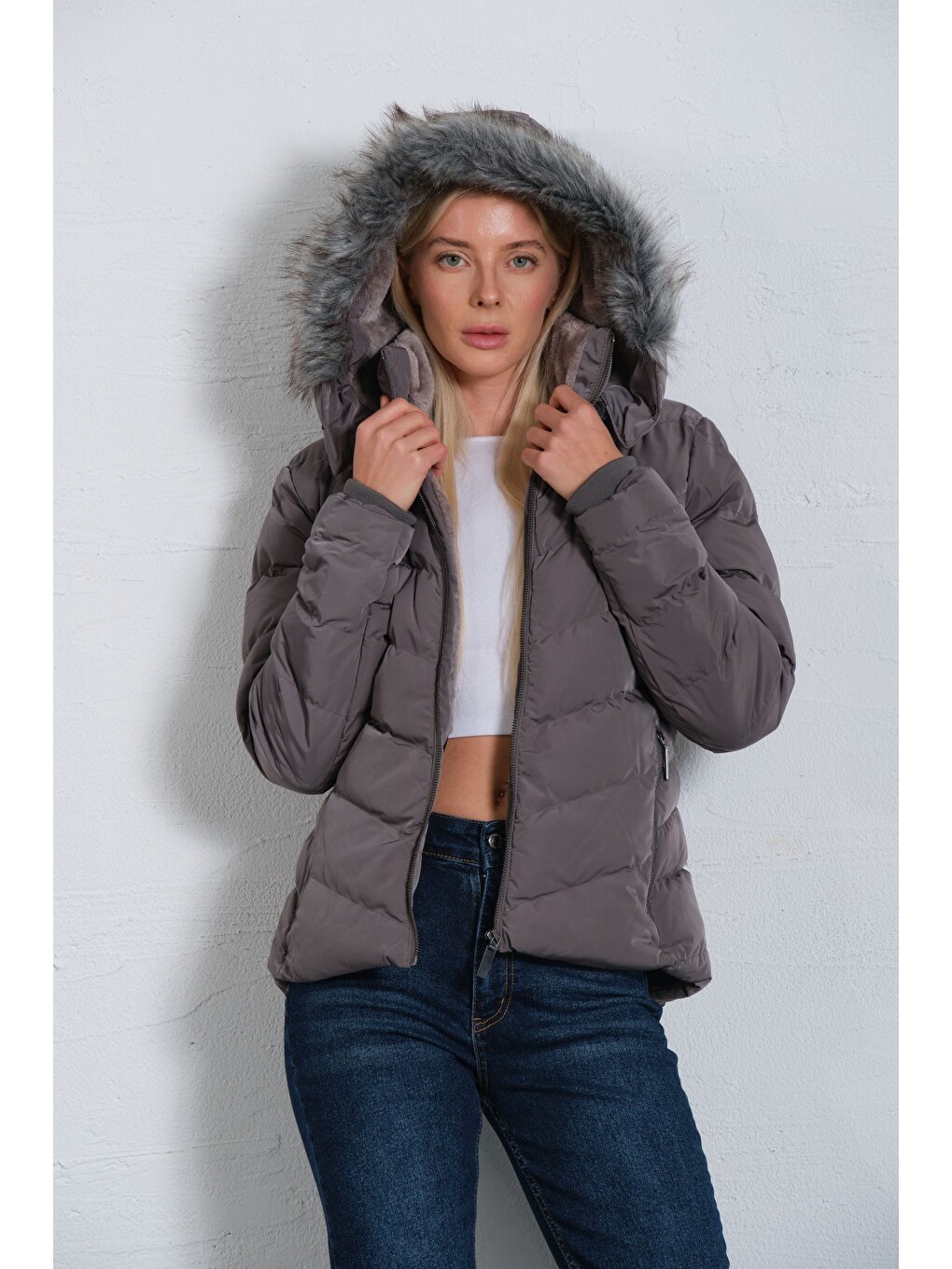 Gri Çıkabilir Suni Kürklü Kapüşon, Su İticili Kumaş, Kadın Anorak Mikro Mont @avele-2