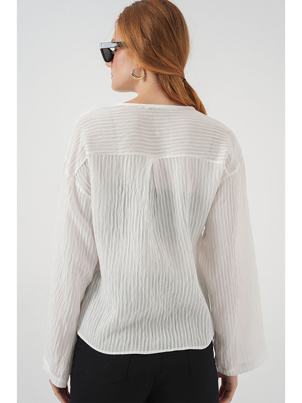 Kadın Önü Bağcıklı Bluz 952 - Beyaz-5