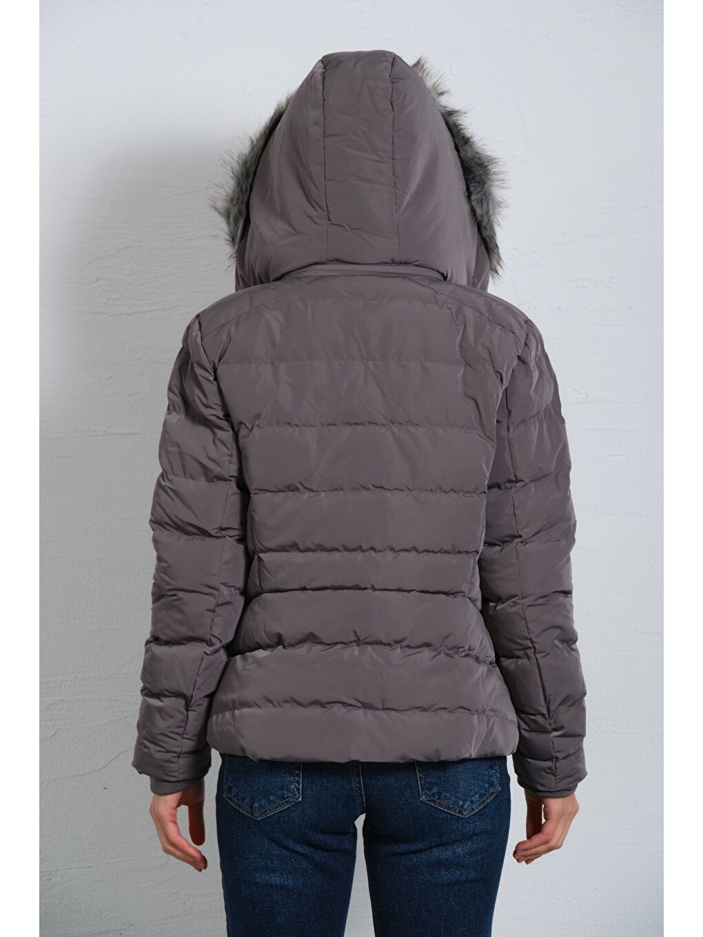 Gri Çıkabilir Suni Kürklü Kapüşon, Su İticili Kumaş, Kadın Anorak Mikro Mont @avele-3