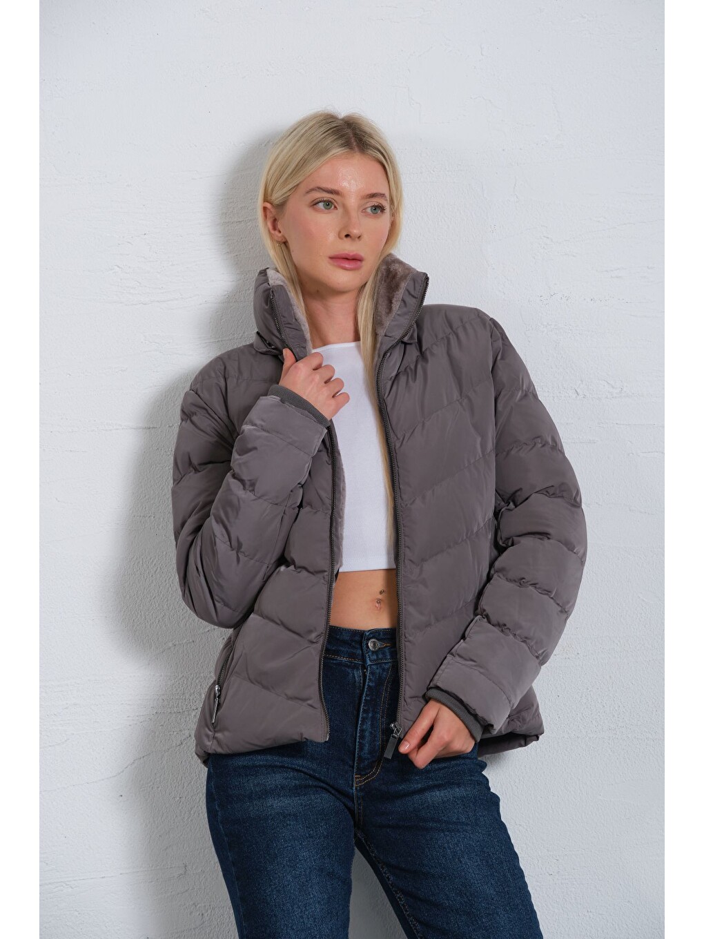 Gri Çıkabilir Suni Kürklü Kapüşon, Su İticili Kumaş, Kadın Anorak Mikro Mont @avele-4