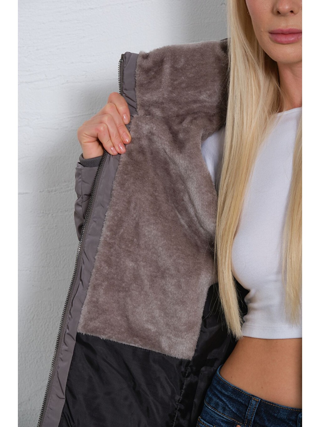 Gri Çıkabilir Suni Kürklü Kapüşon, Su İticili Kumaş, Kadın Anorak Mikro Mont @avele-5