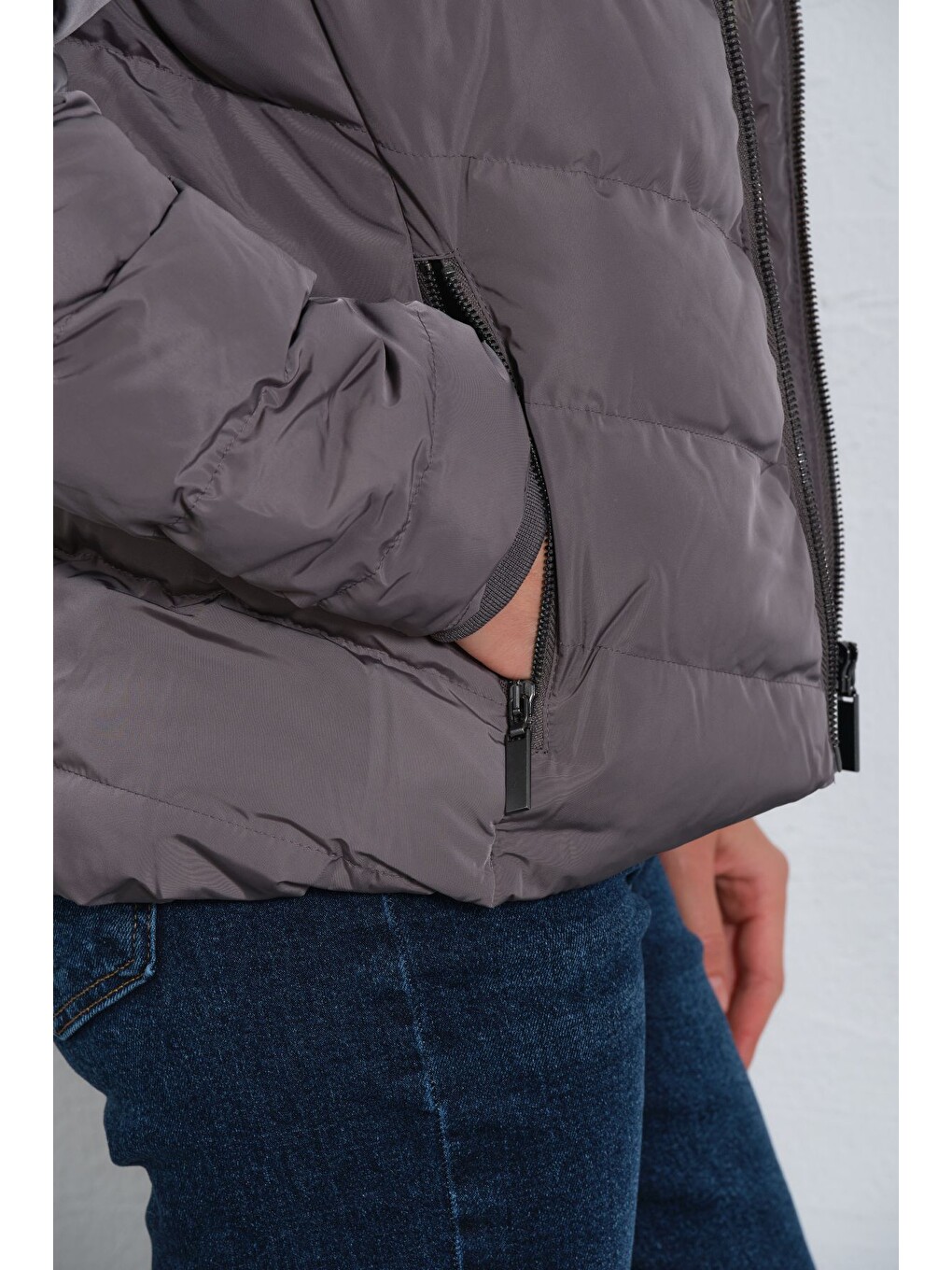 Gri Çıkabilir Suni Kürklü Kapüşon, Su İticili Kumaş, Kadın Anorak Mikro Mont @avele-7