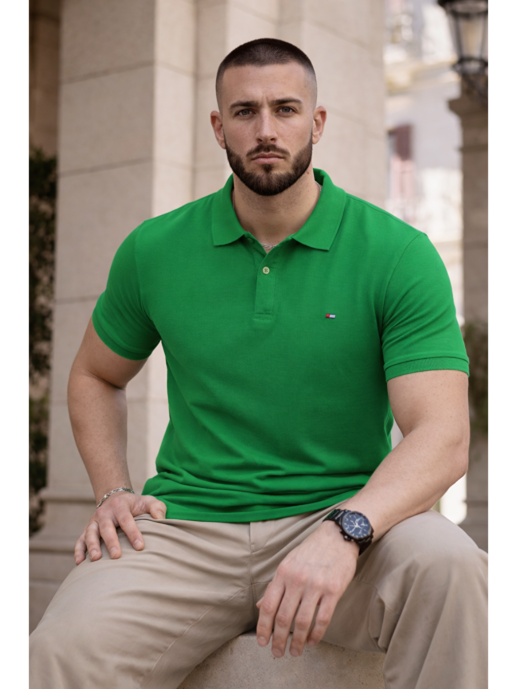 Erkek Trend Dar Basic Yazlık Yeşil Polo Yaka Tişört-3