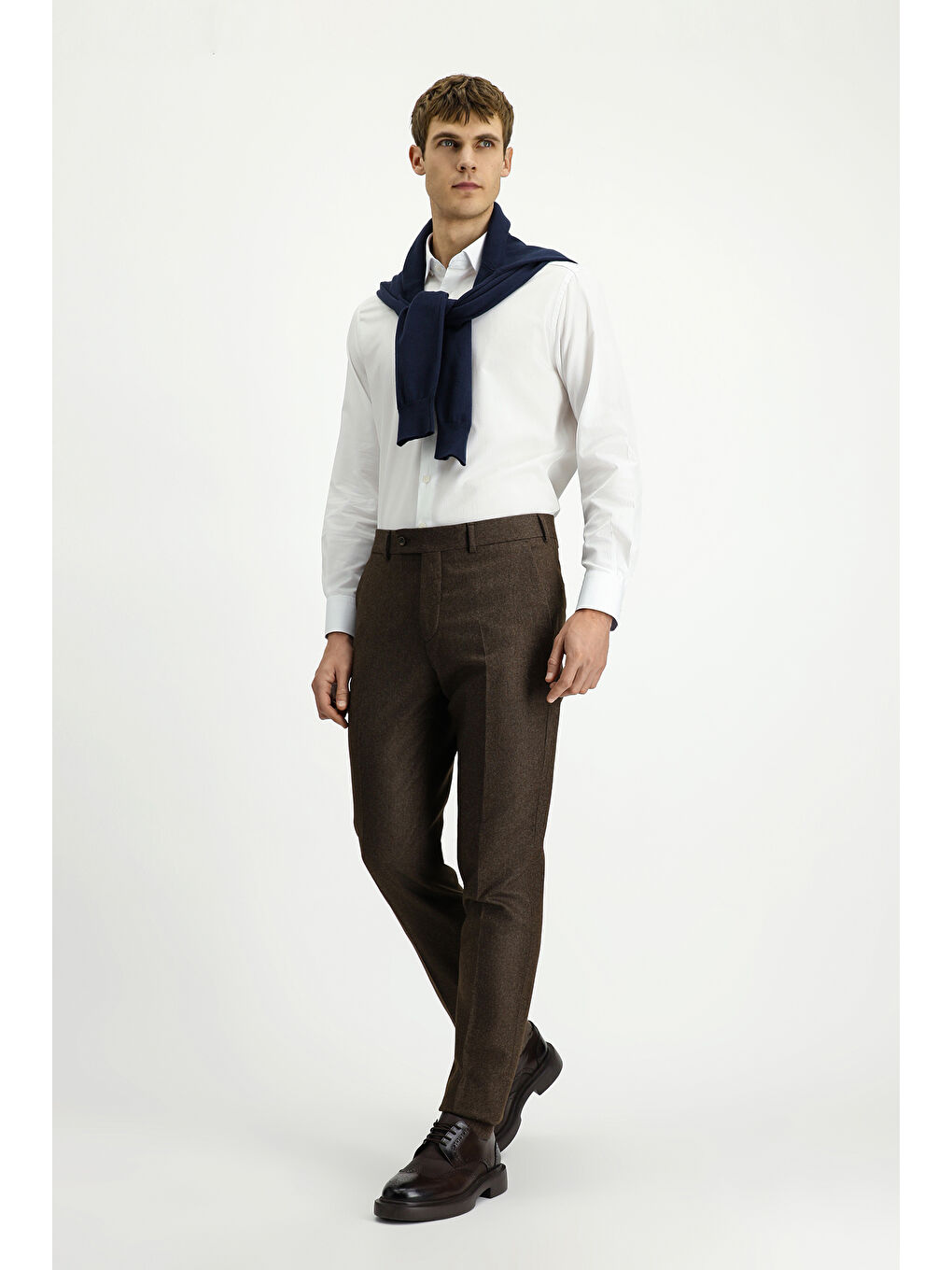 Kahverengi Yünlü Pileli Flanel Klasik Kumaş Pantolon-1