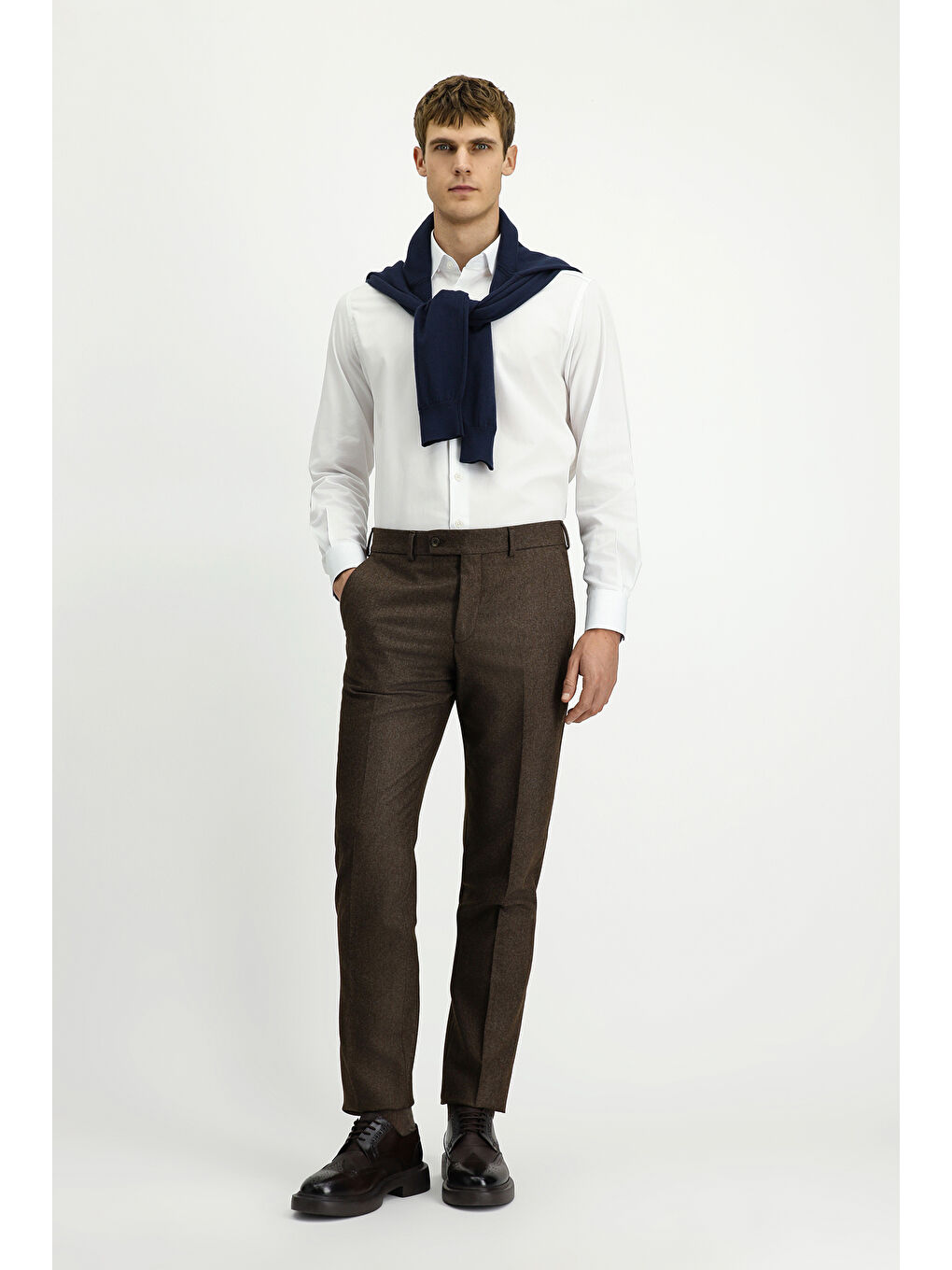 Kahverengi Yünlü Pileli Flanel Klasik Kumaş Pantolon-2