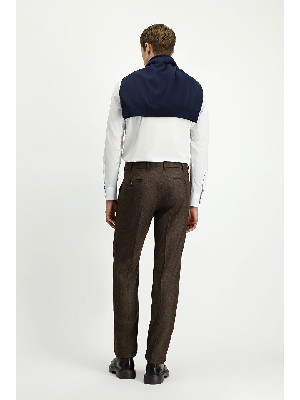 Kahverengi Yünlü Pileli Flanel Klasik Kumaş Pantolon-3