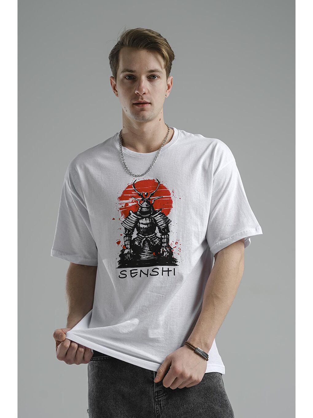 Beyaz Senshi Önü ve Arkası Baskılı Erkek  Tshirt-2