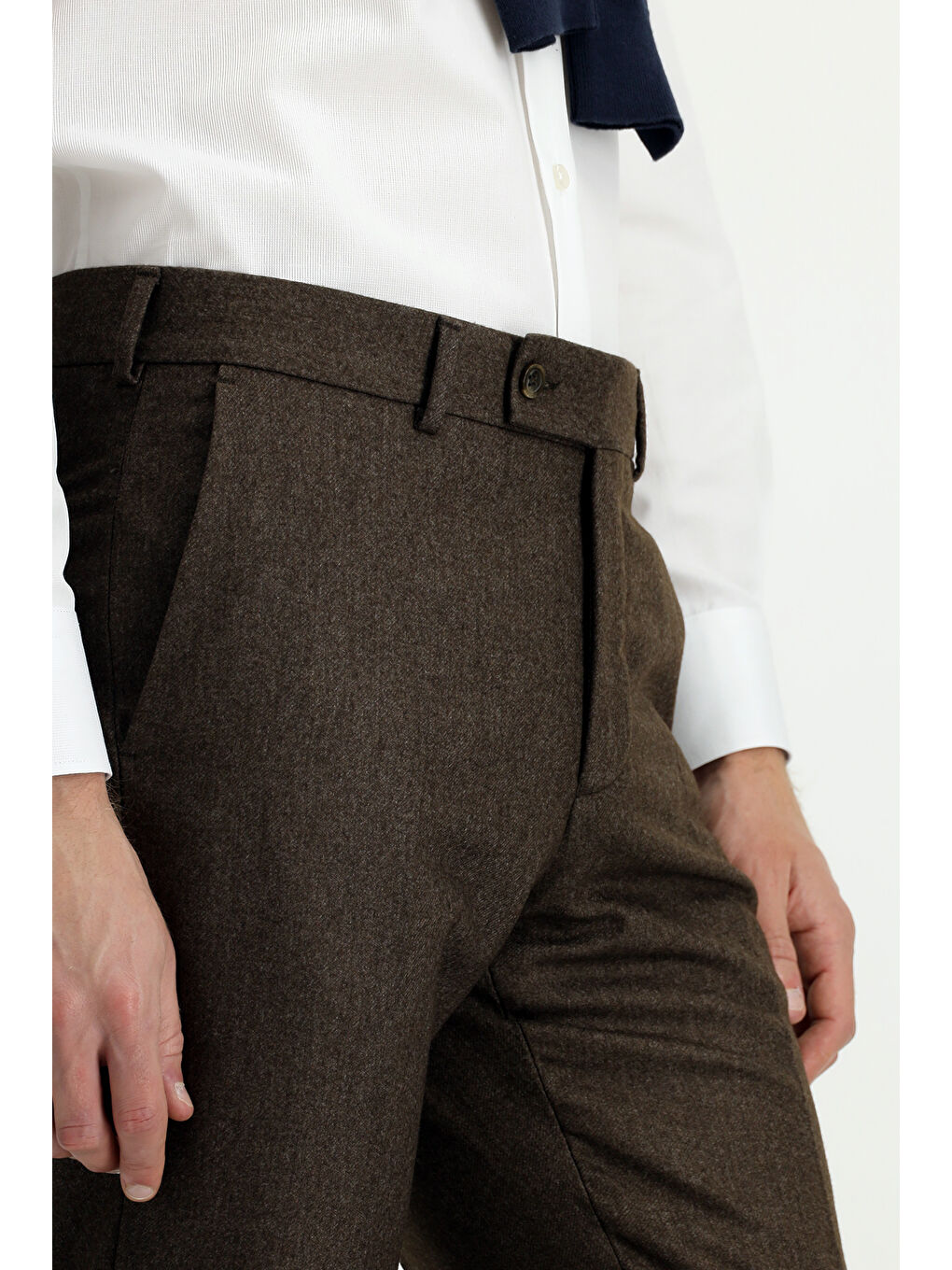 Kahverengi Yünlü Pileli Flanel Klasik Kumaş Pantolon-4