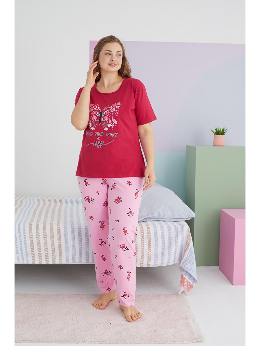 SİYAH İNCİ Koyu Pembe Pembe Curve Büyük Beden Battal Boy Pamuklu Örme Pijama Takımı