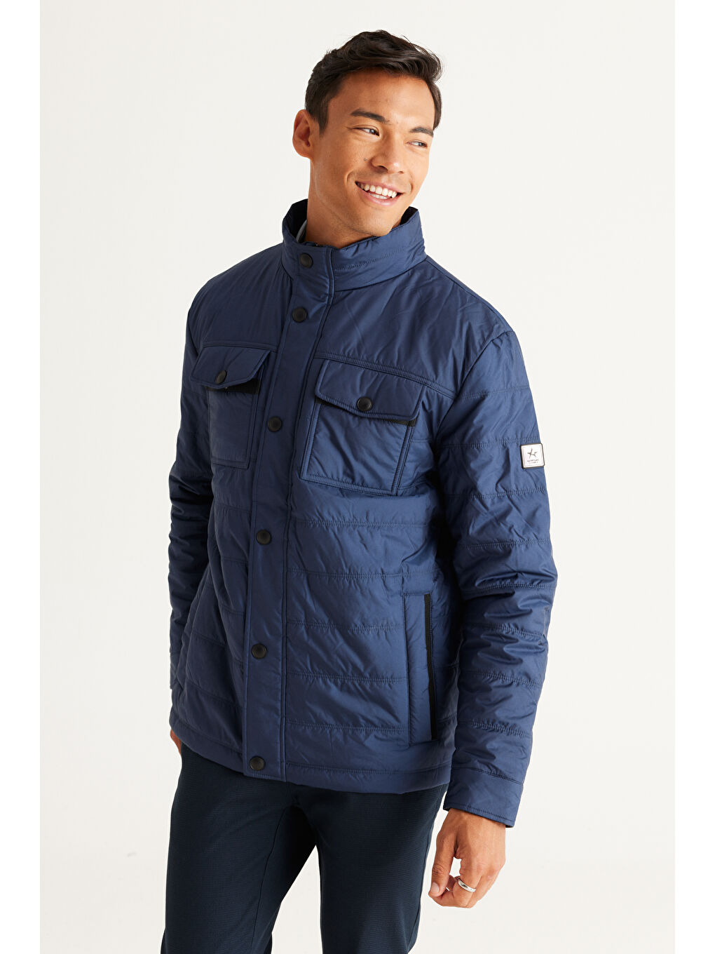 Erkek Lacivert Standart Fit Normal Kesim Dik Yaka Mont-3