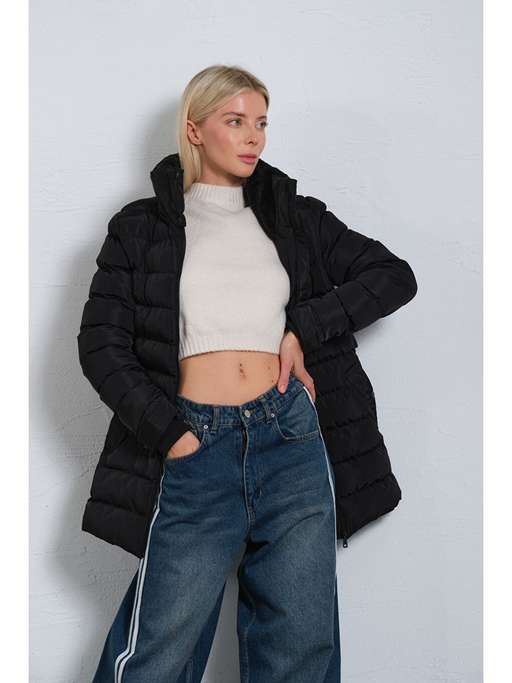 Siyah Çıkabilir suni kürklü kapüşon, su iticili kumaş, Kadın Anorak Mikro Mont Kaban @Jasmin-3
