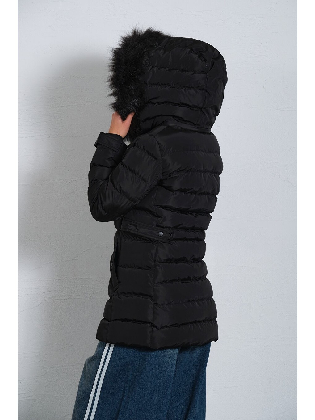 Siyah Çıkabilir suni kürklü kapüşon, su iticili kumaş, Kadın Anorak Mikro Mont Kaban @Jasmin-4