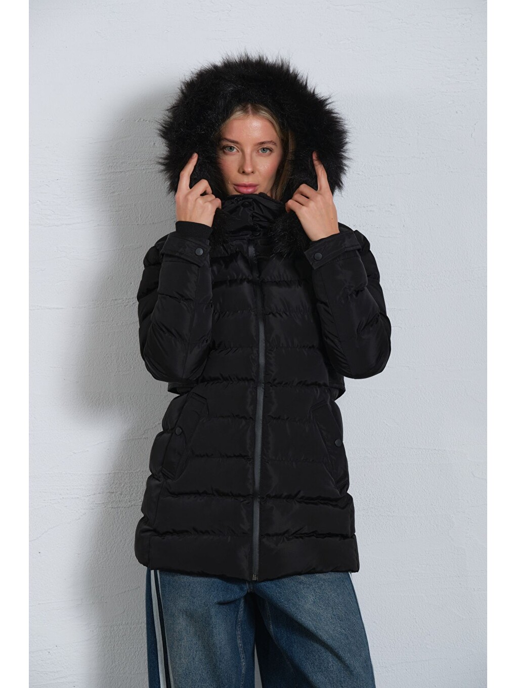 Siyah Çıkabilir suni kürklü kapüşon, su iticili kumaş, Kadın Anorak Mikro Mont Kaban @Jasmin-6