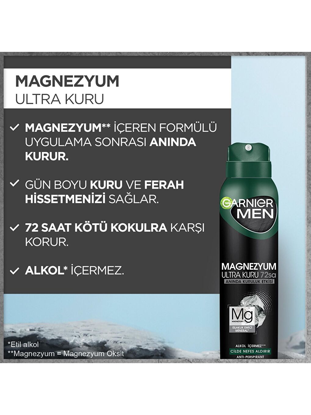 GARNIER Şeffaf Men Magnezyum Ultra Kuru Sprey Deodorant 150 ml - 1